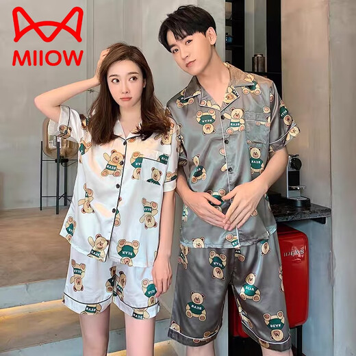 猫人（MiiOW）情侣睡衣夏季冰蚕丝薄款短袖一男一女款夏天薄款真丝绸家居服套装 1517 M 女+男L
