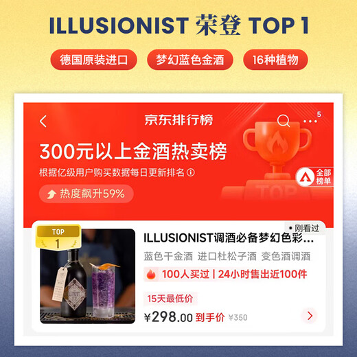ILLUSIONIST调酒必备梦幻色彩 魔法师蓝调干味金酒  Gin酒 杜松子酒 德国进口 蓝色干金酒 500ml