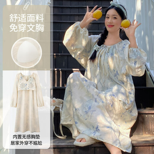 Dan Nanwei 2024 Nouveau style Sweet and Cute Cloud Cotton Coton Longue de nuit à manches longues avec coussinet de poitrine pour le printemps et l'automne Long Jupe à la maison tir-out des vêtements 13063 M 160