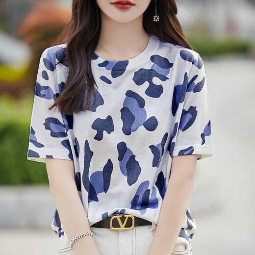 HMRSV Mulberry Silk Kurzärärmelte T-Shirt für Frauen 2025 Sommer Neues lässiges und modisches Design Cool MA Family Printed Top Trendy Muster Print 831 (0156) l