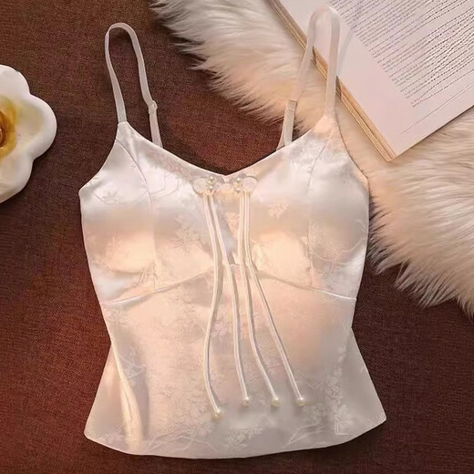 Absolutely American style new Chinese style with breast pads, satin print suspenders, adjustable vest for women, summer suit with beautiful back, white L