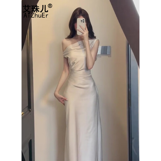 艾珠儿（Aizhuer）法式气质高级感荡领斜肩连衣裙收腰包臀醋酸缎面宴会礼服裙女新款 米色 M