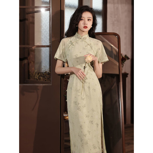Xianxiu mejorado Cheongsam 2025 Temperamento de verano Vestido blanco Estilo nacional 831 Chiffon verde S