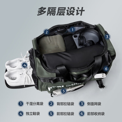 七匹狼多功能旅行包男运动健身包大容量手提包干湿分离双肩登机包 墨绿 大