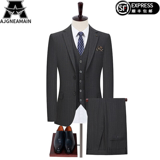 Ajgneamain Italienisch leichter Luxusanzuganzug Herren Frühling und Herbststil Solid Color Business Casual Anzug Hochzeits Bankettjacke Männer D6173-Schwarz-Streifen [zwei Tasten und doppelt geteiltes Drei-teiliger Set] L 175/92A [Empfohlen 120-140jin [Jin Equals Equals Equals]]]
