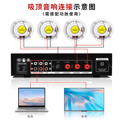 纽曼（Newmine）R19 吸顶音响套装蓝牙定压功放机公共广播家用客厅商用会议店铺背景喇叭嵌入式隐藏吊顶音箱一拖二