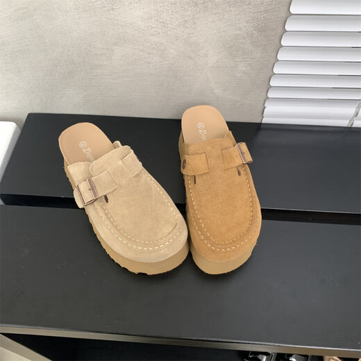S.Sofea Birkenstock-Schuhe für Frauen im Frühjahr und im Sommer erhöhten Kork-Sohle Mules Retro-Stil 677-2 Aprikosenkamelfarbe 37