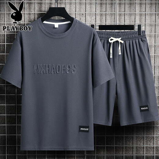 花花公子（PLAYBOY）男士夏季套装青少年短袖t恤薄款冰丝两件套休闲运动服五分短裤子 套装-TZ829军绿【上衣+裤子】 M 建议90-110斤