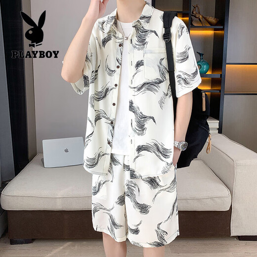 Playboy (Playboy) Shirt à manches courtes d'été masculin Set Youth Keorn Korean Style Trendy Thin Ice Silk Shirt Un ensemble de vêtements lâches et beaux 679 Black 2xl