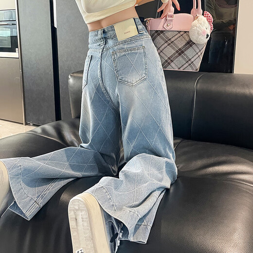 苏洛琳格子直筒宽松牛仔裤女2025新款显瘦复古阔腿裤 3519浅蓝九分 XS