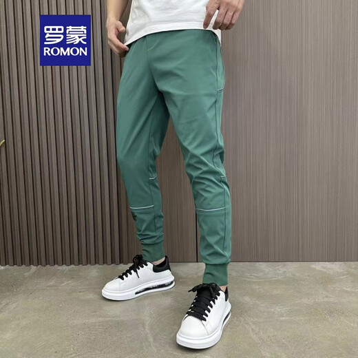 罗蒙（ROMON）2025春秋速干小脚九分休闲裤男刺绣黑色反光条运动修身束脚哈伦裤 黑色 28 (80-95斤)
