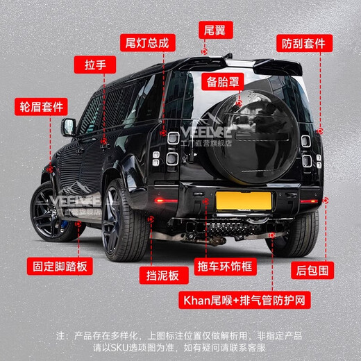 Yusenyi is suitable for Land Rover's new Defender Black Warrior Kit 007. The front and rear surrounds, rear wings and tail throats are blackened. Black Warrior hood air outlet/gloss black/replacement model