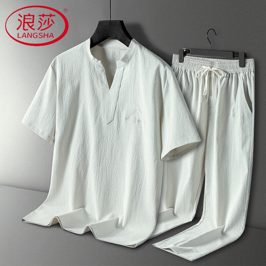 浪莎（LangSha）男士睡衣夏季冰丝凉感短袖长裤时尚青年可外穿夏款大码家居服套装 9906白色【短袖+短裤】套装 6XL 【185-200斤】