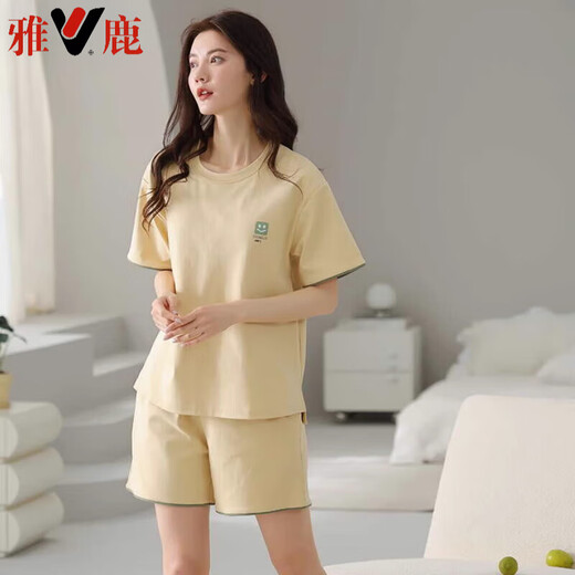 雅鹿睡衣女夏季纯棉短袖短裤简约休闲全棉薄款可外穿家居服套装 Z9854 M 建议80-100斤