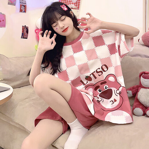 El pijama de estilo de celebridades de Internet Blue Yilin para mujeres, gran tamaño 200 Jin [Jin equivale a 0,5 kg] pantalones cortos de manga corta de verano dulce y linda mm ropa casera de verano 691 Patrón negro Bear M 80-98 Jin [Jin equivale a 0,5 kg]