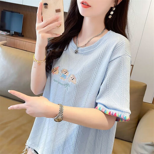 AEMAPE夏装女装刺绣白色短袖T恤女2025新款夏季小个子上衣夏天衣服 KM9277-蓝色 L 建议110-125斤
