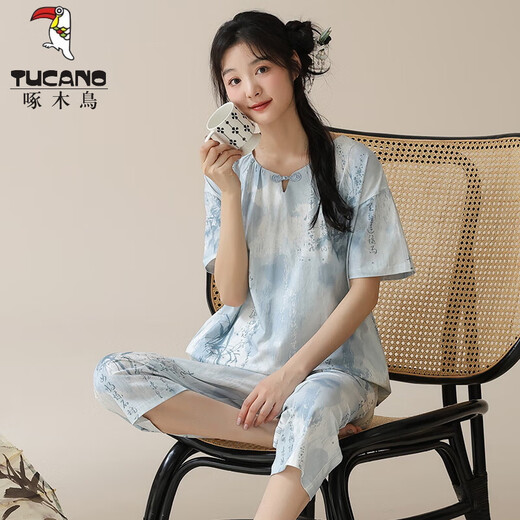 Tucano; Pajamá de pijama de manga corta de estilo carpintero de estilo carpintería para el estilo de algodón de algodón para el algodón de algodón de algodón para mujeres para el estilo delgado de verano se pueden usar fuera de LZZE9901 L (recomendado 95-115Jin [Jin equivale a 0.5 kg])