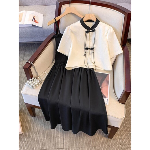 Yi Qilei Frauenkleidung, Sommer neuer chinesischer Stil, komplett mit einem kompletten Set schwarzer Hosenträgerrocks, Knicker Außenrockanzug, 9734 White Top L [vorgeschlagen 101-120 Jin [Jin ist gleich 0,5 kg]]