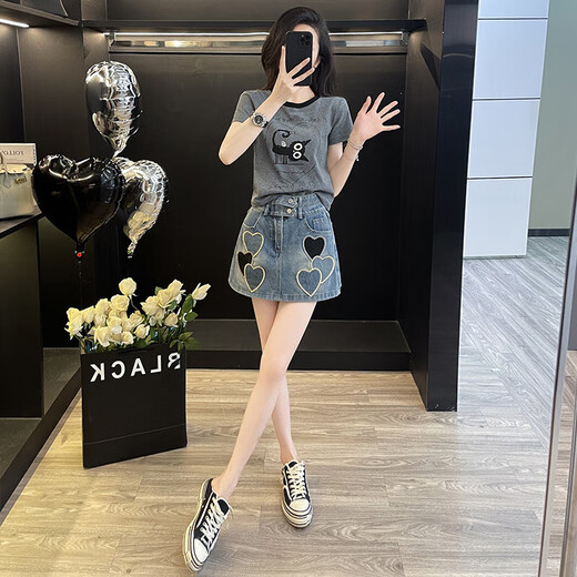 Kaizitu Kaizitu Sommer Neuer Frauenanzug kleine Tragen eine komplette Reihe modischer altersreduzierender Denim-Shorts 2957 Dunkelgraue Kleidung + 7022 gestickte Röcke m