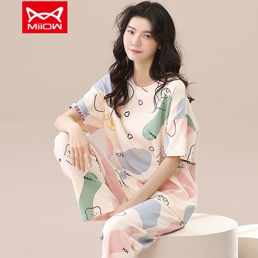 猫人（MiiOW）纯棉睡衣女春夏短袖长裤休闲宽松女韩版家居服秋季可外穿套装 T-9719（短袖长裤） L (105-125斤)