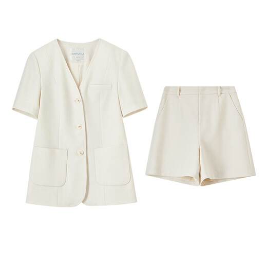 Shandubila free matching suit for urban workplace commuting including linen V-neck shoulder-padded short-sleeved suit jacket & straight shorts beige M