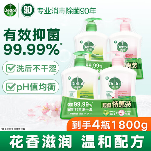 Dettol Healthy Antibacterial Hand Sanitizer Moisturizing and Protecting Children and Adults Universal Household Combination Cleaning Set Hand Sanitizer Moisturizing + Pine 450g*4