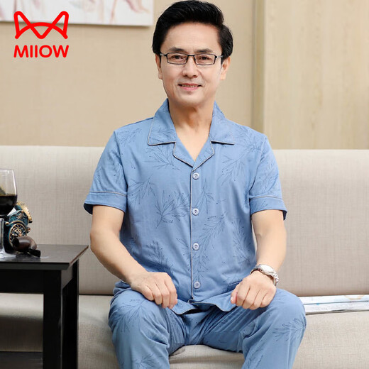 
Catman (MiiOW) Middle-aged dad pajamas men's summer short-sleeved trousers 100 pure cotton suit for the elderly to add fat and larger size thin style 698 L (recommended 110-130 Jin [Jin equals 0.5 kg])