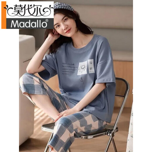 莫代尔2025年睡衣女夏纯棉短袖薄款七分裤可外穿家居服套装季 X9885黄格短裤套装 M 建议80-100斤