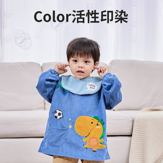 Bowie's bib children's apron corduroy smock eating bib reverse dressing rice pocket baby bib children's splash-proof clothing blue