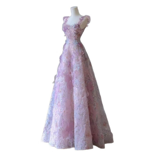 Pink and purple princess dress with straps and evening gown for students coming of age, fairy art test, vocal piano performance costume, pink and purple M