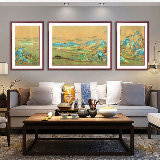 出写望云楼客厅装饰画沙发背景墙挂画国画山水画三联画办公室茶室壁画 759-07款 90*120左右60*90cm 实木框+油画布面