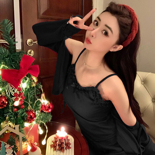 FHHUABD法式纯欲风花边性感女睡衣带胸垫三件套春秋蝴蝶结吊带开衫家居服 677斩男花边三件套【带胸垫】 M 【建议95斤内】