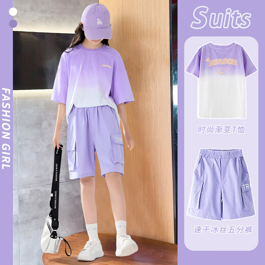 Golden Pet Girl Summer Casual Short Sports Sports Sports Thin 2025 New Children's Quick Dry Two-Piece Set Big Virgin Girl 9922 White + 3388 Purple 120 cm