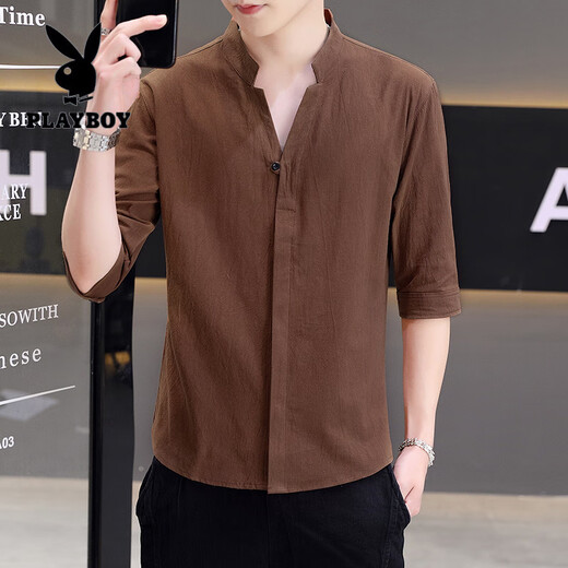Playboy (PLAYBOY) Henry collar cotton and linen long-sleeved shirts for men spring and autumn men's summer casual shirts short-sleeved shirts 2025 new style CS8K02 mid-sleeve green M 90-110Jin Jin is equal to 0.5 kg