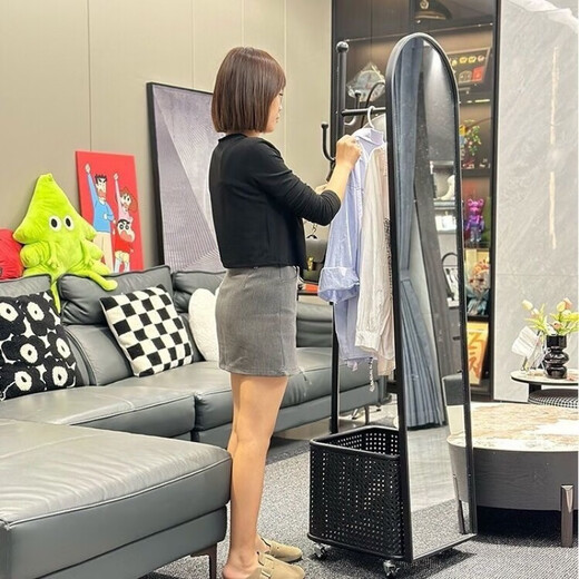 华莱德奶油风全身镜旋转穿衣镜试衣镜移动落地式挂衣架落地镜一体衣帽架 洣白色+防爆镜子
