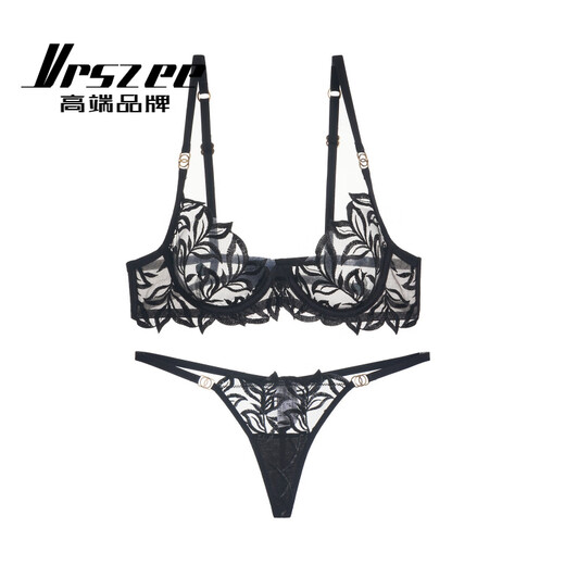 VRSZEE高端品牌内衣女火辣性感纯欲诱惑文胸套装蕾丝丁字内裤比基尼 黑色+丁字裤 L