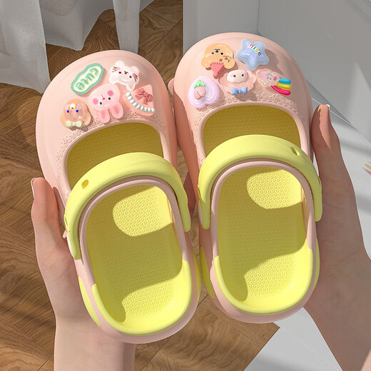 Chaussures de trous pour filles ABC pour porter des sandales pour bébés pour l'extérieur, sandales pour enfants non glissantes intérieures, dessin animé chaussures de plage mignonnes, lapin en cristal / jaune rose 17
