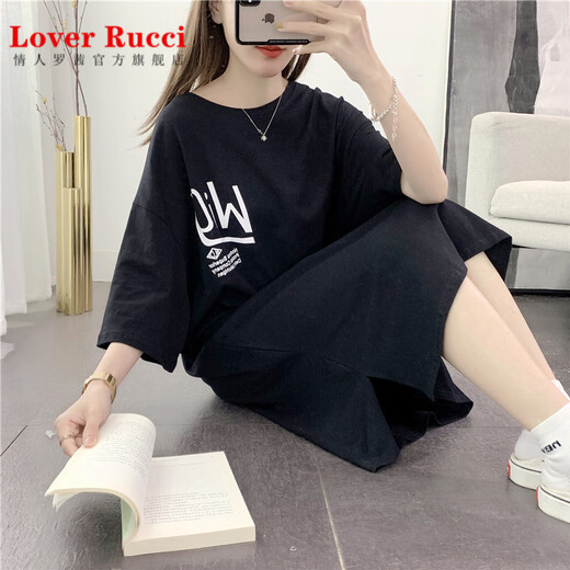 LOVER RUCCI短袖T恤裙女夏季长款过膝宽松纯棉大码2025新款中长款懒人连衣裙 9196单行字母-白色（实拍） M