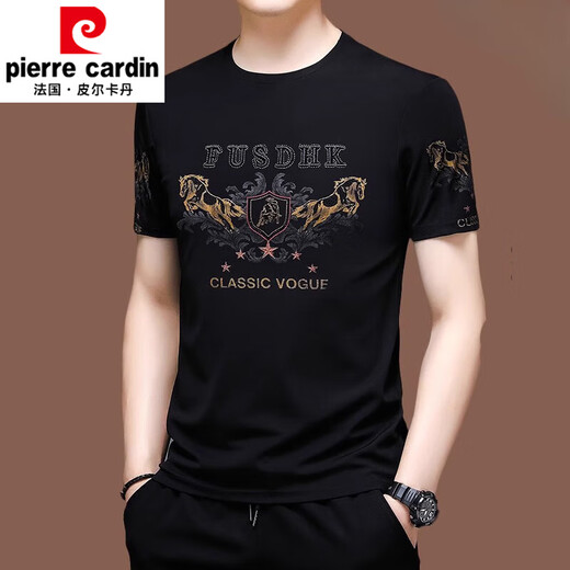 皮尔卡丹（pierre cardin）新款短袖t恤男士冰丝半袖夏装卫衣丝光棉刺绣宽松中年上衣服潮 X733黑色 M 165M建议100-120斤