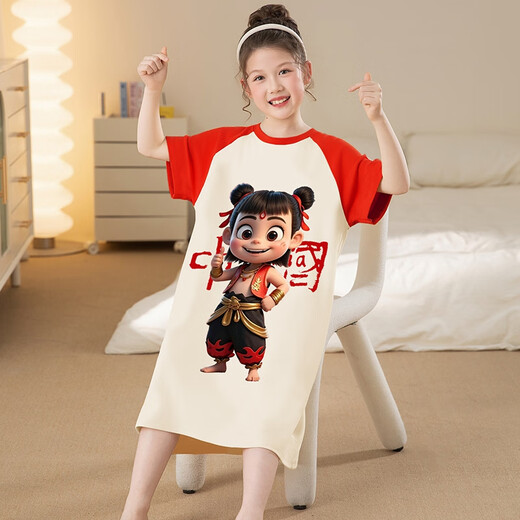 亲子母女睡裙夏季纯棉短袖薄款女童睡衣中大童女孩夏天儿童家居服 B1283哪吒【100纯棉睡裙】 均码 建议103cm30斤内【8码】