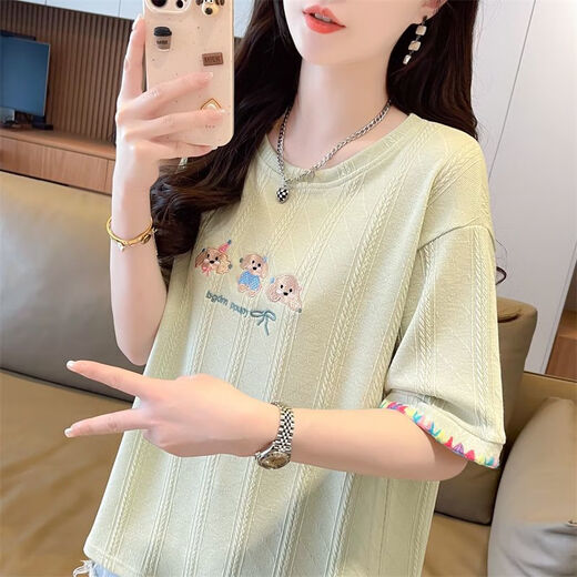 AEMAPE夏装女装刺绣白色短袖T恤女2025新款夏季小个子上衣夏天衣服 KM9277-蓝色 L 建议110-125斤