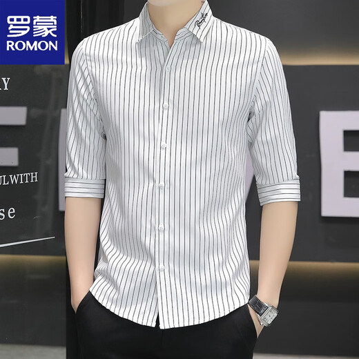 Romon Summer Summer Silk Quarter manga Camisa de la manga de la altura corta de manga corta para hombres Camisa de hombres delgada