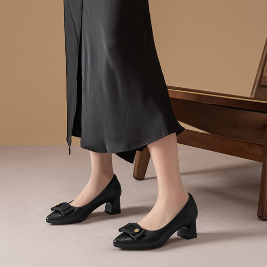 
Red Dragonfly Leap Moon Shoes High Heels 25 Spring Thick Heels Women's Shoes Pointed toe Workplace Small Leather Shoes Single Shoes WLB15124 Black 39