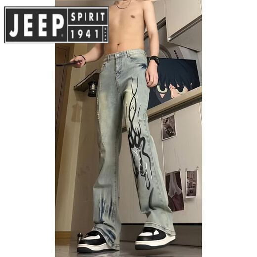 Jeep Spirit Jeep Flame Jeep Jeep Jeans Tendencia de verano para hombres Pantalones heterosexuales Style High Street 692-Black M [85-100Jin [Jin equivale a 0.5 kg]]