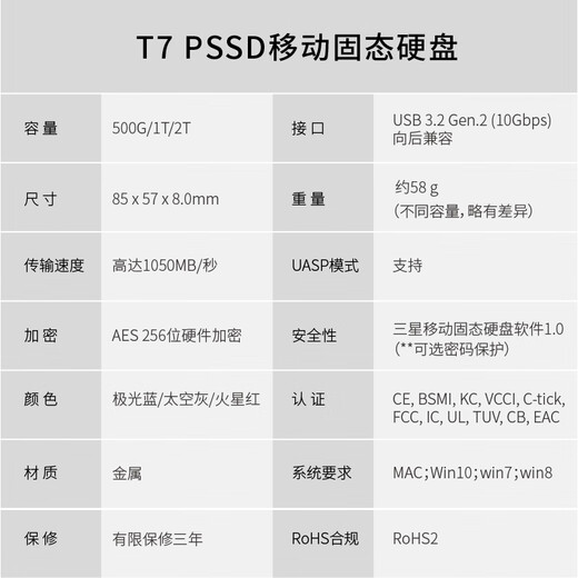 三星（SAMSUNG）T7 Type-c USB 3.2 移动固态硬盘 PSSD NVMe传输速度1050MB/s T7 Type-c USB3.2 火星红 1TB