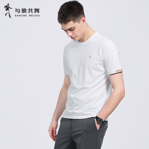 与狼共舞【含桑蚕丝】圆领短袖T恤男2025夏季新款刺绣凉感透气打底短t6623 本白803 S (165)