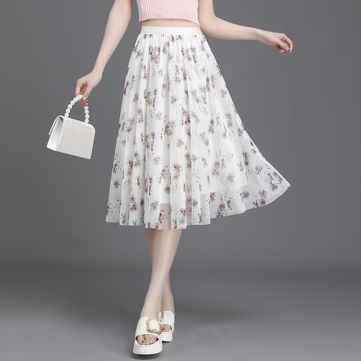 Waterside Clothes 2025 summer new floral skirt for women with small fresh short skirt with large swaying mesh printed A-line slim chiffon mid skirt 9906-5# One size (suggested 90-145Jin [Jin equals 0.5 kg])