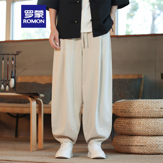 罗蒙（ROMON）亚麻休闲长裤男裤子中国风潮牌棉麻灯笼裤夏季宽松束脚裤阔腿垮裤 黑色 3XL 170-190斤