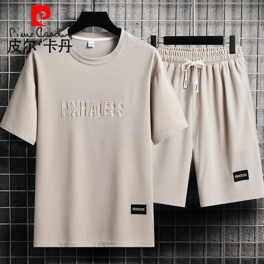 皮尔卡丹（pierre cardin）重磅华夫格短袖T恤男夏季宽松大码运动短裤套装工作服圆领透气潮 单件上衣-829军绿 M 建议90-110斤