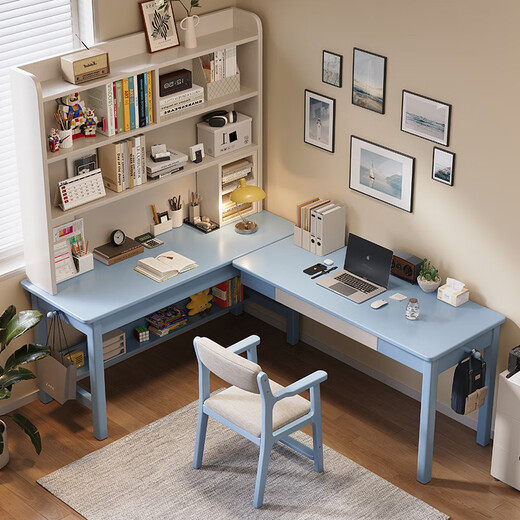 Huixun solid wood corner desk bookshelf bookcase integrated table small apartment home L-shaped computer table double corner study table walnut color #desk 140cm*60cm*75cm auxiliary seat length 120cm